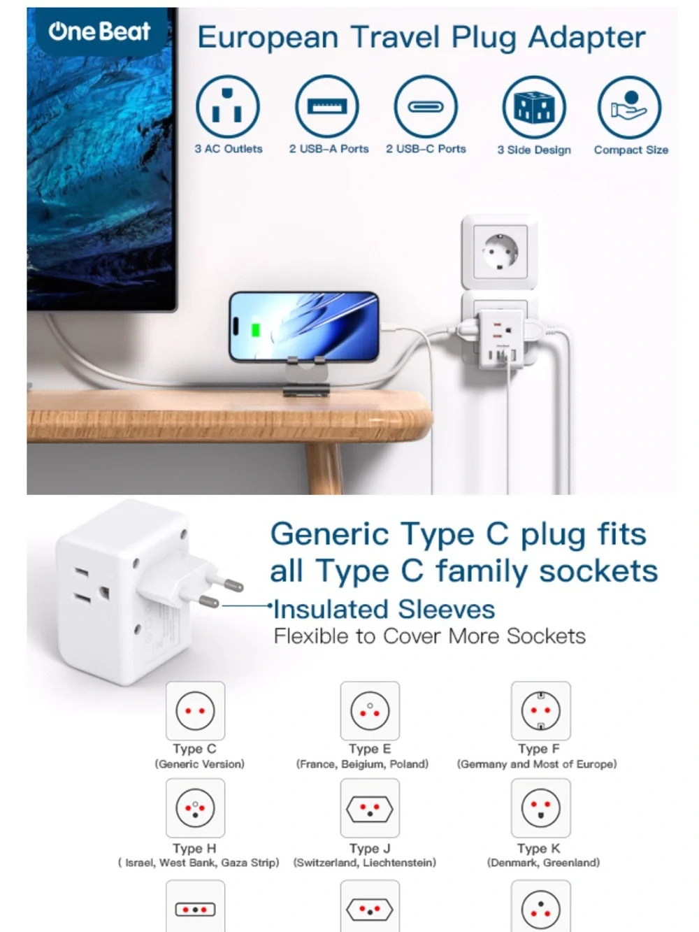 💕European Travel Plug Adapter with USB and USB-C (2 Pack)